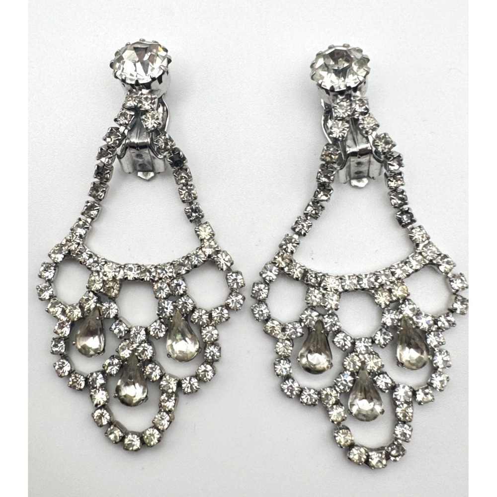 Vintage Rhinestone Earrings Chandelier Fringe Clip Ons Prom Wedding